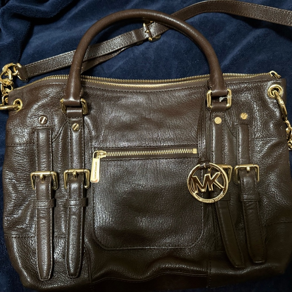 Michael Kors Dark Brown Leather Satchel with Gold Accents